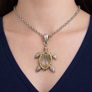 Sea Turtle Pendant Necklace Two Tone Choker Collar Boho Tropical Beach 15” Gift